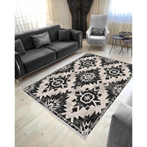 Pamuk Dokuma Taban Halı – Siyah; Krem – Eskitilmiş Görünümlü Etnik Desen, Makinede Yıkanabilir, Kolay Temizlenebilir, Toz Ve Tüy Tutmaz, Kaymaz, Evcil Hayvan Dostu 200x350 cm