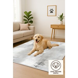 Pamuk Dokuma Taban Halı – Gri; Krem – Eskitilmiş Görünümlü Desen, Makinede Yıkanabilir, Kolay Temizlenebilir, Toz Ve Tüy Tutmaz, Kaymaz, Evcil Hayvan Dostu