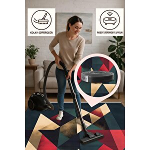 Pamuk Dokuma Taban Halı – Lacivert; Kırmızı; Yeşil; Sarı – Geometrik Desen, Makinede Yıkanabilir, Kolay Temizlenebilir, Toz Ve Tüy Tutmaz, Kaymaz, Evcil Hayvan Dostu