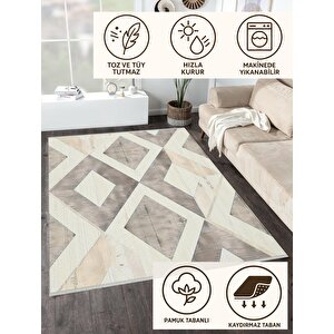 Robot Süpürgeye Uygun Halı – Pamuk Dokuma Taban Halı – Bej; Gri – Modern Geometrik Tasarım, Makinede Yıkanabilir, Kolay Temizlenebilir, Toz Ve Tüy Tutmaz, Kaymaz, Evcil Hayvan Dostu