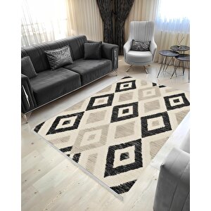 Mutfak Halısı – Pamuk Dokuma Taban Halı – Black; Gray; Cream – Geometric Desen, Makinede Yıkanabilir, Kolay Temizlenebilir, Toz Ve Tüy Tutmaz, Kaymaz, Evcil Hayvan Dostu 150x150 cm