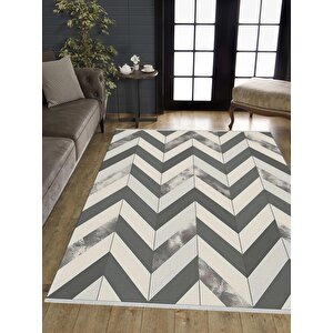 Pamuk Dokuma Taban Halı – Gri; Krem – Zigzag Desen, Makinede Yıkanabilir, Kolay Temizlenebilir, Toz Ve Tüy Tutmaz, Kaymaz, Evcil Hayvan Dostu 120x270 cm
