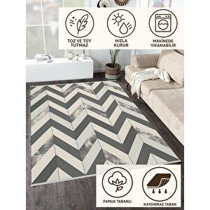 Pamuk Dokuma Taban Halı – Gri; Krem – Zigzag Desen, Makinede Yıkanabilir, Kolay Temizlenebilir, Toz Ve Tüy Tutmaz, Kaymaz, Evcil Hayvan Dostu
