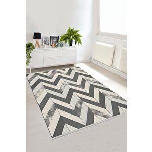 Pamuk Dokuma Taban Halı – Gri; Krem – Zigzag Desen, Makinede Yıkanabilir, Kolay Temizlenebilir, Toz Ve Tüy Tutmaz, Kaymaz, Evcil Hayvan Dostu