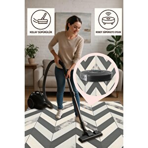 Pamuk Dokuma Taban Halı – Gri; Krem – Zigzag Desen, Makinede Yıkanabilir, Kolay Temizlenebilir, Toz Ve Tüy Tutmaz, Kaymaz, Evcil Hayvan Dostu