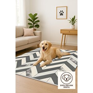 Pamuk Dokuma Taban Halı – Gri; Krem – Zigzag Desen, Makinede Yıkanabilir, Kolay Temizlenebilir, Toz Ve Tüy Tutmaz, Kaymaz, Evcil Hayvan Dostu