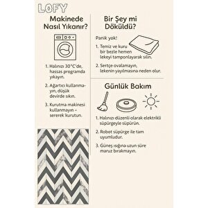 Pamuk Dokuma Taban Halı – Gri; Krem – Zigzag Desen, Makinede Yıkanabilir, Kolay Temizlenebilir, Toz Ve Tüy Tutmaz, Kaymaz, Evcil Hayvan Dostu