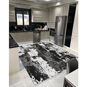 Pamuk Dokuma Taban Halı – Siyah; Beyaz; Gri – Soyut Desen, Makinede Yıkanabilir, Kolay Temizlenebilir, Toz Ve Tüy Tutmaz, Kaymaz, Evcil Hayvan Dostu 100x180 cm