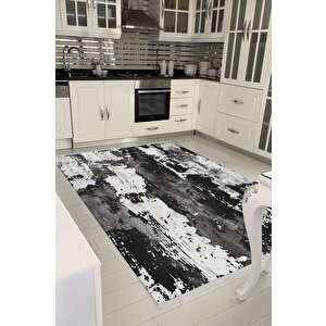 Pamuk Dokuma Taban Halı – Siyah; Beyaz; Gri – Soyut Desen, Makinede Yıkanabilir, Kolay Temizlenebilir, Toz Ve Tüy Tutmaz, Kaymaz, Evcil Hayvan Dostu