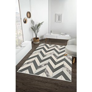 Pamuk Dokuma Taban Halı – Gri; Krem – Zigzag Desen, Makinede Yıkanabilir, Kolay Temizlenebilir, Toz Ve Tüy Tutmaz, Kaymaz, Evcil Hayvan Dostu 200x220 cm