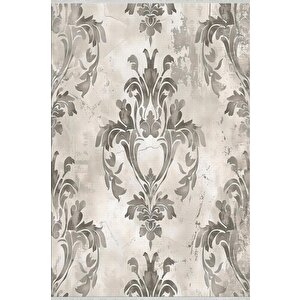Pamuk Dokuma Taban Halı – Krem; Gri – Damask Desen, Makinede Yıkanabilir, Kolay Temizlenebilir, Toz Ve Tüy Tutmaz, Kaymaz, Evcil Hayvan Dostu 160x350 cm