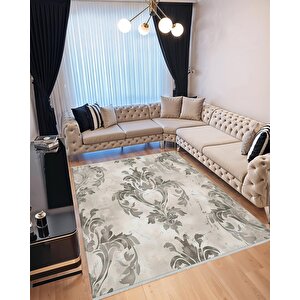 Pamuk Dokuma Taban Halı – Krem; Gri – Damask Desen, Makinede Yıkanabilir, Kolay Temizlenebilir, Toz Ve Tüy Tutmaz, Kaymaz, Evcil Hayvan Dostu 160x350 cm