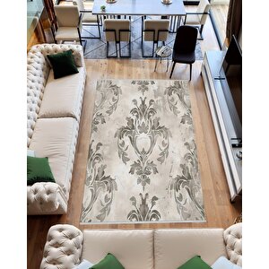 Pamuk Dokuma Taban Halı – Krem; Gri – Damask Desen, Makinede Yıkanabilir, Kolay Temizlenebilir, Toz Ve Tüy Tutmaz, Kaymaz, Evcil Hayvan Dostu 160x350 cm