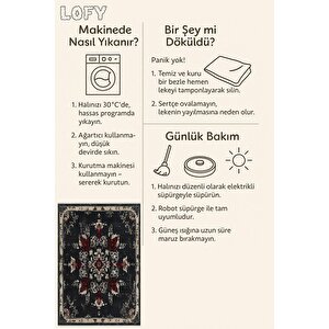 Pamuk Dokuma Taban Halı – Siyah; Krem; Kırmızı – Floral Desen, Makinede Yıkanabilir, Kolay Temizlenebilir, Toz Ve Tüy Tutmaz, Kaymaz, Evcil Hayvan Dostu