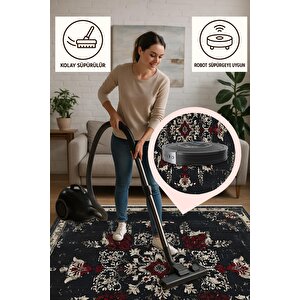 Pamuk Dokuma Taban Halı – Siyah; Krem; Kırmızı – Floral Desen, Makinede Yıkanabilir, Kolay Temizlenebilir, Toz Ve Tüy Tutmaz, Kaymaz, Evcil Hayvan Dostu