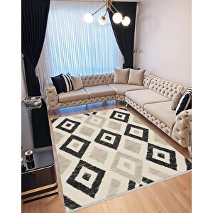 Mutfak Halısı – Pamuk Dokuma Taban Halı – Black; Gray; Cream – Geometric Desen, Makinede Yıkanabilir, Kolay Temizlenebilir, Toz Ve Tüy Tutmaz, Kaymaz, Evcil Hayvan Dostu 100x180 cm