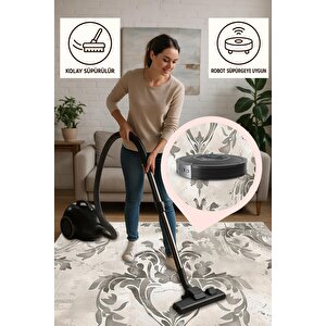 Pamuk Dokuma Taban Halı – Krem; Gri – Damask Desen, Makinede Yıkanabilir, Kolay Temizlenebilir, Toz Ve Tüy Tutmaz, Kaymaz, Evcil Hayvan Dostu