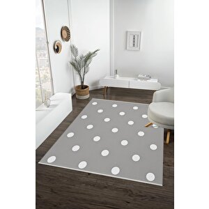 Pamuk Dokuma Taban Halı – Gri; Beyaz – Puantiyeli Desen, Makinede Yıkanabilir, Kolay Temizlenebilir, Toz Ve Tüy Tutmaz, Kaymaz, Evcil Hayvan Dostu