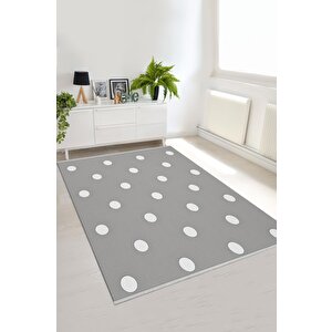 Pamuk Dokuma Taban Halı – Gri; Beyaz – Puantiyeli Desen, Makinede Yıkanabilir, Kolay Temizlenebilir, Toz Ve Tüy Tutmaz, Kaymaz, Evcil Hayvan Dostu