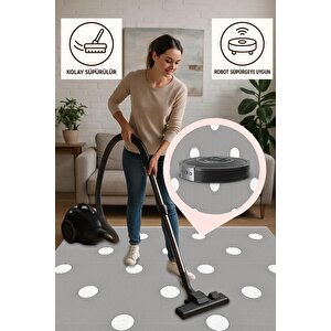 Pamuk Dokuma Taban Halı – Gri; Beyaz – Puantiyeli Desen, Makinede Yıkanabilir, Kolay Temizlenebilir, Toz Ve Tüy Tutmaz, Kaymaz, Evcil Hayvan Dostu