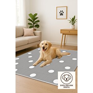 Pamuk Dokuma Taban Halı – Gri; Beyaz – Puantiyeli Desen, Makinede Yıkanabilir, Kolay Temizlenebilir, Toz Ve Tüy Tutmaz, Kaymaz, Evcil Hayvan Dostu