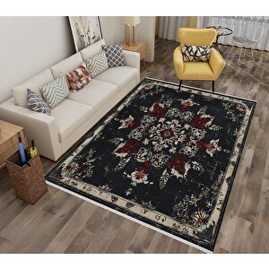 Pamuk Dokuma Taban Halı – Siyah; Krem; Kırmızı – Floral Desen, Makinede Yıkanabilir, Kolay Temizlenebilir, Toz Ve Tüy Tutmaz, Kaymaz, Evcil Hayvan Dostu