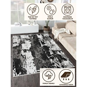 Pamuk Dokuma Taban Halı – Siyah; Beyaz; Gri – Soyut Desen, Makinede Yıkanabilir, Kolay Temizlenebilir, Toz Ve Tüy Tutmaz, Kaymaz, Evcil Hayvan Dostu