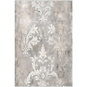 Pamuk Dokuma Taban Halı – Gri; Krem – Damask Desen, Makinede Yıkanabilir, Kolay Temizlenebilir, Toz Ve Tüy Tutmaz, Kaymaz, Evcil Hayvan Dostu 120x270 cm