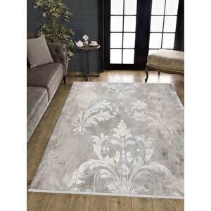 Pamuk Dokuma Taban Halı – Gri; Krem – Damask Desen, Makinede Yıkanabilir, Kolay Temizlenebilir, Toz Ve Tüy Tutmaz, Kaymaz, Evcil Hayvan Dostu 120x270 cm