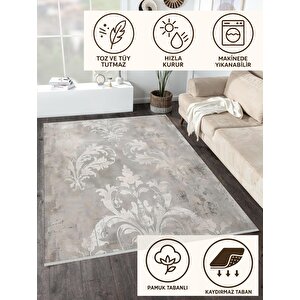Pamuk Dokuma Taban Halı – Gri; Krem – Damask Desen, Makinede Yıkanabilir, Kolay Temizlenebilir, Toz Ve Tüy Tutmaz, Kaymaz, Evcil Hayvan Dostu 120x270 cm
