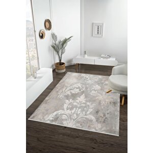 Pamuk Dokuma Taban Halı – Gri; Krem – Damask Desen, Makinede Yıkanabilir, Kolay Temizlenebilir, Toz Ve Tüy Tutmaz, Kaymaz, Evcil Hayvan Dostu