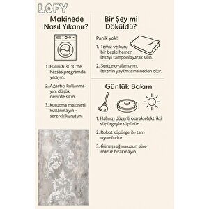 Pamuk Dokuma Taban Halı – Gri; Krem – Damask Desen, Makinede Yıkanabilir, Kolay Temizlenebilir, Toz Ve Tüy Tutmaz, Kaymaz, Evcil Hayvan Dostu