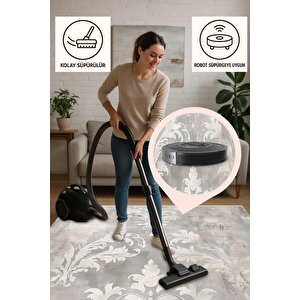 Pamuk Dokuma Taban Halı – Gri; Krem – Damask Desen, Makinede Yıkanabilir, Kolay Temizlenebilir, Toz Ve Tüy Tutmaz, Kaymaz, Evcil Hayvan Dostu