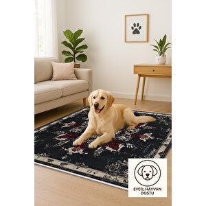 Pamuk Dokuma Taban Halı – Siyah; Krem; Kırmızı – Floral Desen, Makinede Yıkanabilir, Kolay Temizlenebilir, Toz Ve Tüy Tutmaz, Kaymaz, Evcil Hayvan Dostu 160x350 cm