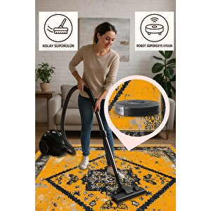 Pamuk Dokuma Taban Halı – Sarı; Siyah; Gri – Oriental Desen, Makinede Yıkanabilir, Kolay Temizlenebilir, Toz Ve Tüy Tutmaz, Kaymaz, Evcil Hayvan Dostu