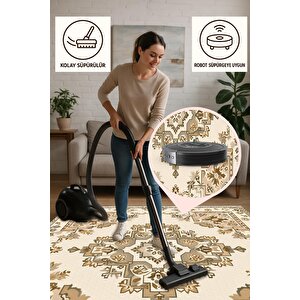 Oturma Odası Halısı – Krem; Kahverengi – Geleneksel Desen, Makinede Yıkanabilir, Kolay Temizlenebilir, Toz Ve Tüy Tutmaz, Kaymaz, Evcil Hayvan Dostu