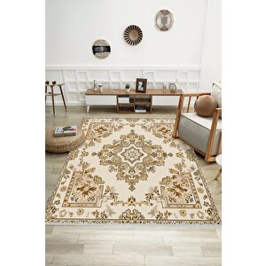 Oturma Odası Halısı – Krem; Kahverengi – Geleneksel Desen, Makinede Yıkanabilir, Kolay Temizlenebilir, Toz Ve Tüy Tutmaz, Kaymaz, Evcil Hayvan Dostu