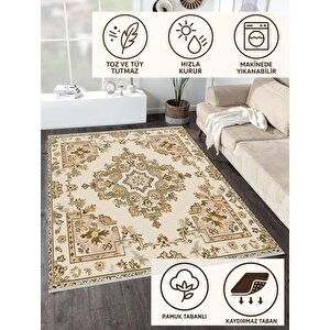 Oturma Odası Halısı – Krem; Kahverengi – Geleneksel Desen, Makinede Yıkanabilir, Kolay Temizlenebilir, Toz Ve Tüy Tutmaz, Kaymaz, Evcil Hayvan Dostu