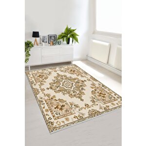Oturma Odası Halısı – Krem; Kahverengi – Geleneksel Desen, Makinede Yıkanabilir, Kolay Temizlenebilir, Toz Ve Tüy Tutmaz, Kaymaz, Evcil Hayvan Dostu