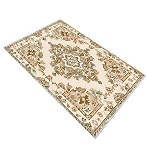 Oturma Odası Halısı – Krem; Kahverengi – Geleneksel Desen, Makinede Yıkanabilir, Kolay Temizlenebilir, Toz Ve Tüy Tutmaz, Kaymaz, Evcil Hayvan Dostu