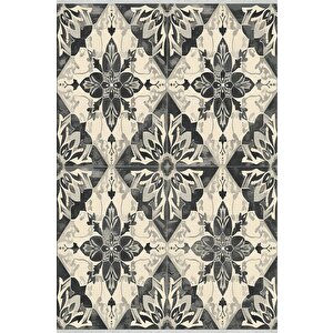 Pamuk Dokuma Taban Halı – Siyah; Gri; Krem – Geometrik Desen, Makinede Yıkanabilir, Kolay Temizlenebilir, Toz Ve Tüy Tutmaz, Kaymaz, Evcil Hayvan Dostu 100x100 cm