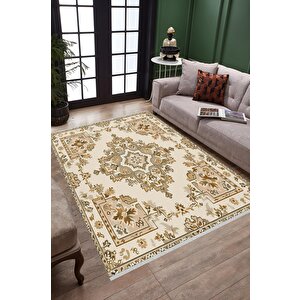 Oturma Odası Halısı – Krem; Kahverengi – Geleneksel Desen, Makinede Yıkanabilir, Kolay Temizlenebilir, Toz Ve Tüy Tutmaz, Kaymaz, Evcil Hayvan Dostu 150x150 cm