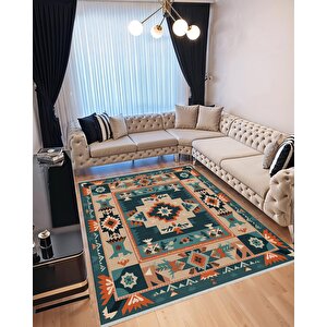 Mutfak Halısı – Pamuk Dokuma Taban Halı – Teal; Orange; Cream – Tribal Desen, Makinede Yıkanabilir, Kolay Temizlenebilir, Toz Ve Tüy Tutmaz, Kaymaz, Evcil Hayvan Dostu 200x270 cm