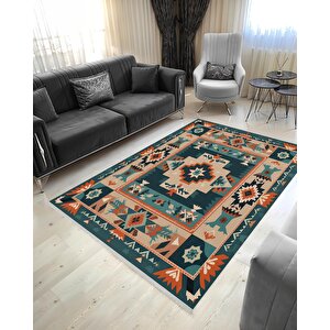 Mutfak Halısı – Pamuk Dokuma Taban Halı – Teal; Orange; Cream – Tribal Desen, Makinede Yıkanabilir, Kolay Temizlenebilir, Toz Ve Tüy Tutmaz, Kaymaz, Evcil Hayvan Dostu