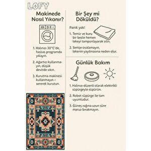 Mutfak Halısı – Pamuk Dokuma Taban Halı – Teal; Orange; Cream – Tribal Desen, Makinede Yıkanabilir, Kolay Temizlenebilir, Toz Ve Tüy Tutmaz, Kaymaz, Evcil Hayvan Dostu