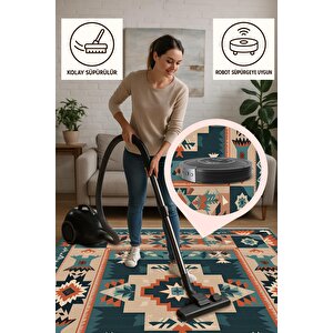 Mutfak Halısı – Pamuk Dokuma Taban Halı – Teal; Orange; Cream – Tribal Desen, Makinede Yıkanabilir, Kolay Temizlenebilir, Toz Ve Tüy Tutmaz, Kaymaz, Evcil Hayvan Dostu