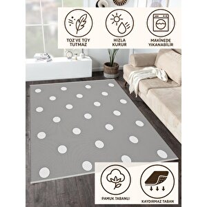 Pamuk Dokuma Taban Halı – Gri; Beyaz – Puantiyeli Desen, Makinede Yıkanabilir, Kolay Temizlenebilir, Toz Ve Tüy Tutmaz, Kaymaz, Evcil Hayvan Dostu 200x350 cm