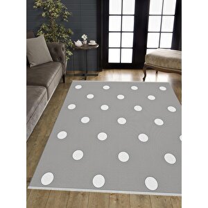 Pamuk Dokuma Taban Halı – Gri; Beyaz – Puantiyeli Desen, Makinede Yıkanabilir, Kolay Temizlenebilir, Toz Ve Tüy Tutmaz, Kaymaz, Evcil Hayvan Dostu 200x350 cm