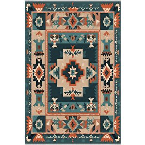 Mutfak Halısı – Pamuk Dokuma Taban Halı – Teal; Orange; Cream – Tribal Desen, Makinede Yıkanabilir, Kolay Temizlenebilir, Toz Ve Tüy Tutmaz, Kaymaz, Evcil Hayvan Dostu 100x100 cm