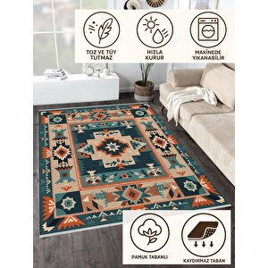 Mutfak Halısı – Pamuk Dokuma Taban Halı – Teal; Orange; Cream – Tribal Desen, Makinede Yıkanabilir, Kolay Temizlenebilir, Toz Ve Tüy Tutmaz, Kaymaz, Evcil Hayvan Dostu 100x100 cm